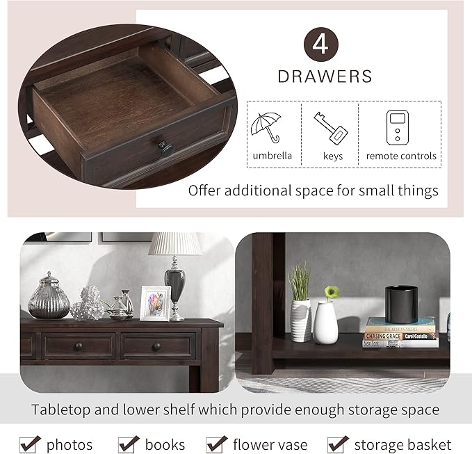 63" Solid Wood Console Table Sofa Table with Storage Drawers and Bottom Shelf,Farmhouse Entryway Table for Hallway Foyer,Sofa Couch Table,Fully Assembled (63" Espresso)-Ruum Studio Home
