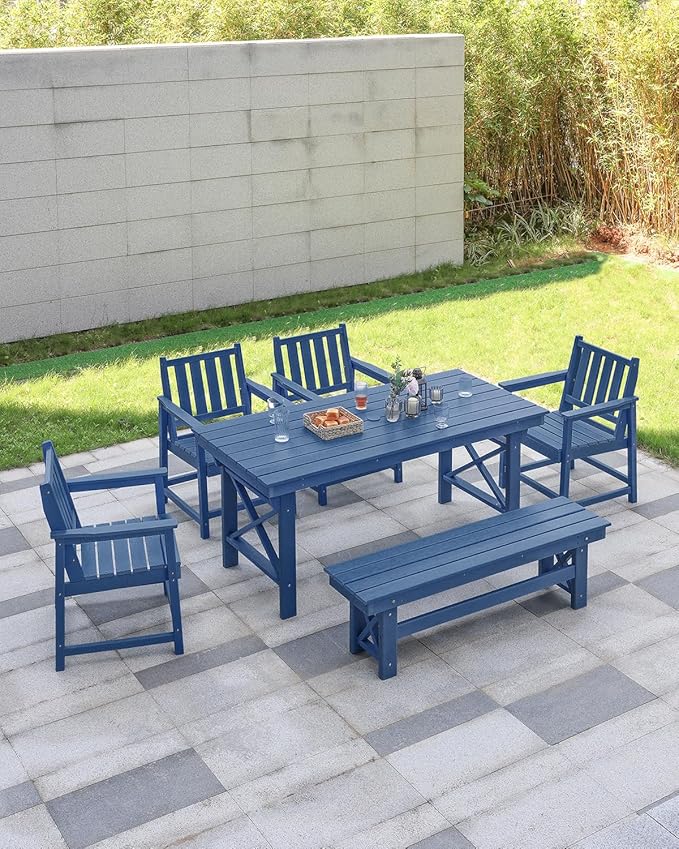 HDPE Outdoor Bench, 55" Patio Bench Outdoor Furniture, Poly Lumber Adirondack Benches, All Weather HDPE Garden Backless Benches for Park, Poolside, Deck, Porch, Navy-Ruum Studio Home