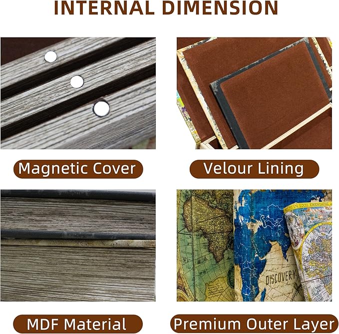 Decorative Book Box Set of 3, Fake Book Trinket Keepsake Storage Boxes with Ancient World Map Pattern, Graduation Gift-Ruum Studio Home