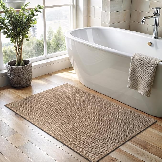 CAMILSON Easy Jute Rug 2x3, Indoor Outdoor Natural Color Fiber Area Rugs for Bathroom and Kitchen Rug, Herringbone Seagrass Boho Woven Design, Easy-Cleaning, Washable Outside Carpet Alfombras (2 x 3)-Ruum Studio Home