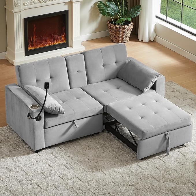 70" Queen Size Sofa Bed for Living Room – Pull-Out Sleeper Sofa Couch with Cup Holder, Phone Holder, USB Charging Port, Solid Wood Frame, Easy Assembly, Space-Saving Design for Small Apartments-Ruum Studio Home