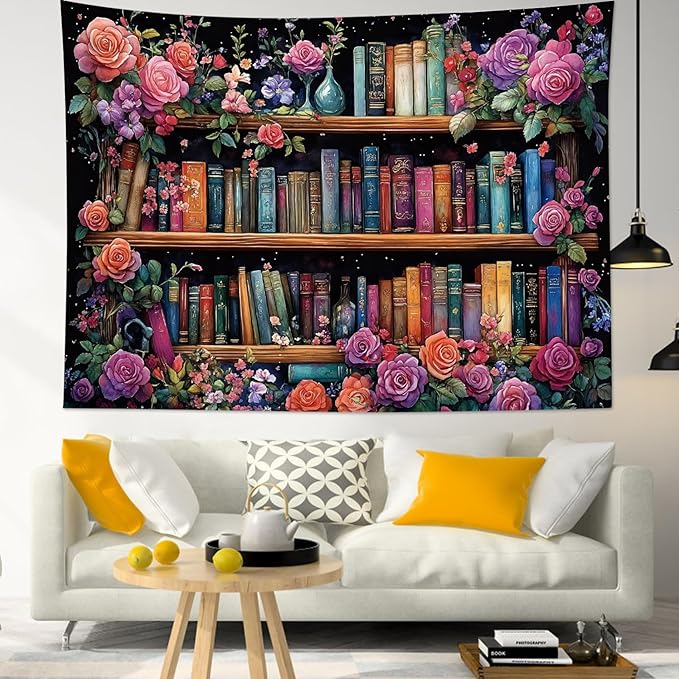 HVEST Bookshelf Wall Tapestry Pink Floral Green Leaf Watercolor Plant Botanical Aesthetic Tapestry Wall Hanging Vintage Library Book Tapestries for Bedroom Living Room Dorm, 70.9L x 92.5W Inches-Ruum Studio Home