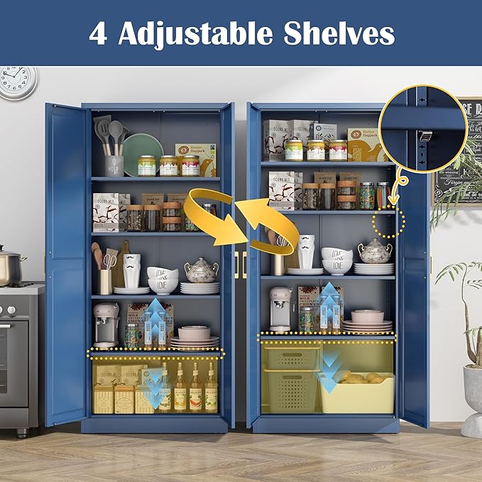 Kitchen Pantry Cabinet,71”Blue Metal Pantry Storage Cabinets with Doors and 4 Adjustable Shelves,Kitchen Cabinet with 2 Gold Handles,Tall Cabinet for Livingroom,-Ruum Studio Home