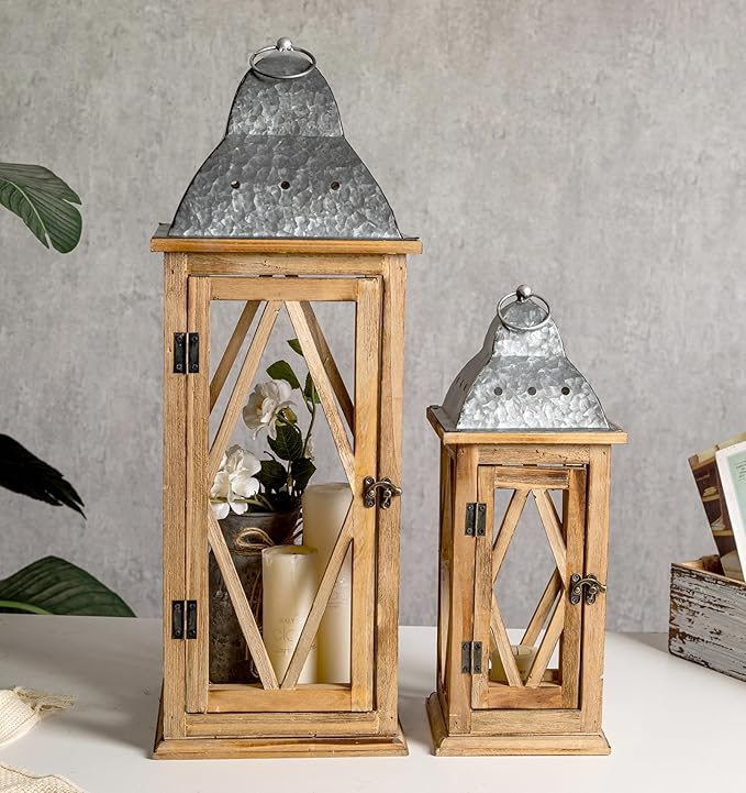 Large Farmhouse Wooden Metal Lantern Set of 2, Rustic Decorative Floor Candle Lanterns, Indoor/Outdoor Hanging Lanterns for Home Decor (No Glass)-Ruum Studio Home