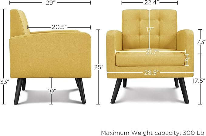 Yaheetech Mid-Century Accent Chairs, Modern Upholstered Living Room Chair, Cozy Armchair Button Tufted Back and Wood Legs for Bedroom/Office/Cafe, Set of 2, Yellow-Ruum Studio Home