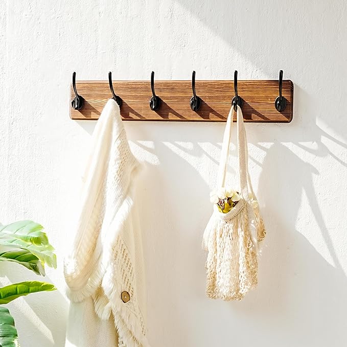 Dseap Coat Rack Wall: 24" Long, Patented, Heavy-Duty, 6-Double-Hooks Wooden Wall Mounted Coat Rack Coat Hanger Hook Rail for Winter Coats Hat Jacket Clothing, Natural & Black-Ruum Studio Home