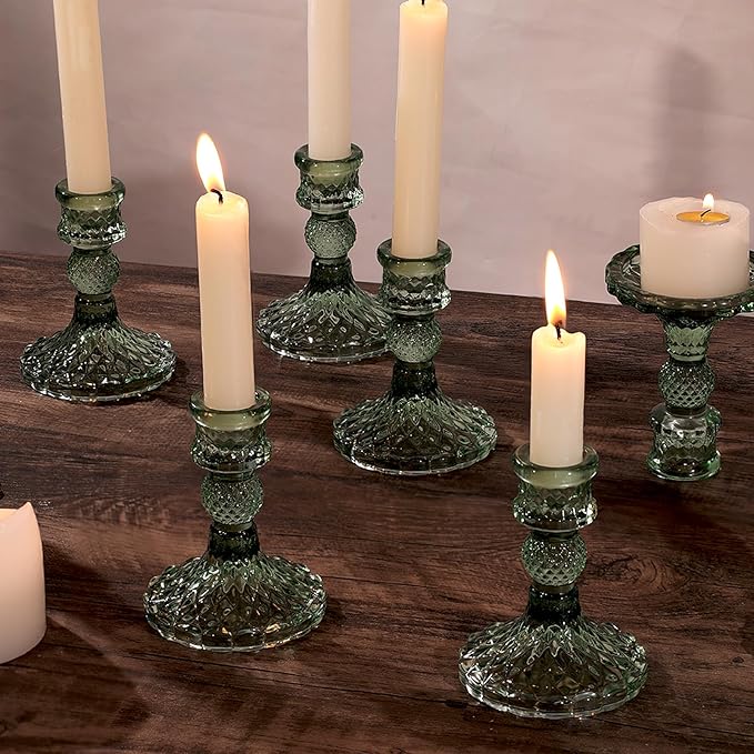 12Pcs Green Candlestick Holders Set- 4" H Taper Candle Holders Bulk, Glass Candle Holders for Wedding, Party, Romantic Dinner Table Centerpieces, Festival Gifts & Windowsill Decor-Ruum Studio Home