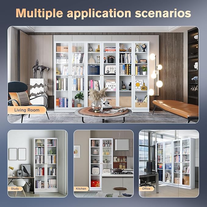 32" Wide Metal Storage Cabinet with Acrylic Doors and 4 Adjustable Shelves, 71" Tall Bookshelf, 5-Tier Freestanding Kitchen Pantry Cabinet with Anti-Tipping for Small Spaces/Kitchen/Living Room-Ruum Studio Home