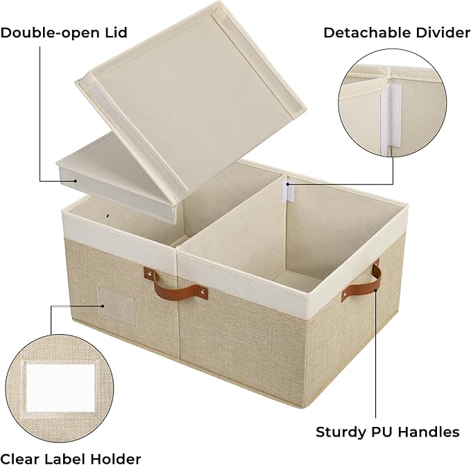 GRANNY SAYS Decorative Storage Boxes with Lid, Large Storage Bins with Double-Open Lid and Divider, Fabric Storage Bin for Clothes, 63L Closet Linen Storage Bin, White/Khaki-Ruum Studio Home