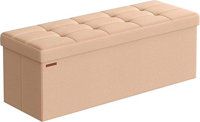 SONGMICS Mazie Collection - Storage Ottoman Bench, 43 Inches Folding Foot Rest Stool, End of Bed Bench, Easy Assembly, for Living Room, Bedroom, Entryway, Apricot Orange ULSF077O01-Ruum Studio Home