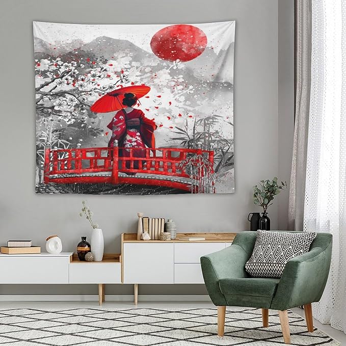 Japanese Red Geisha Tapestry Asian Cherry Blossom Red Sun Traditional Kimono Folk Tapestries Home Decor for Living Room Bedroom Apartment Farmhouse Dorm 60"x50"-Ruum Studio Home