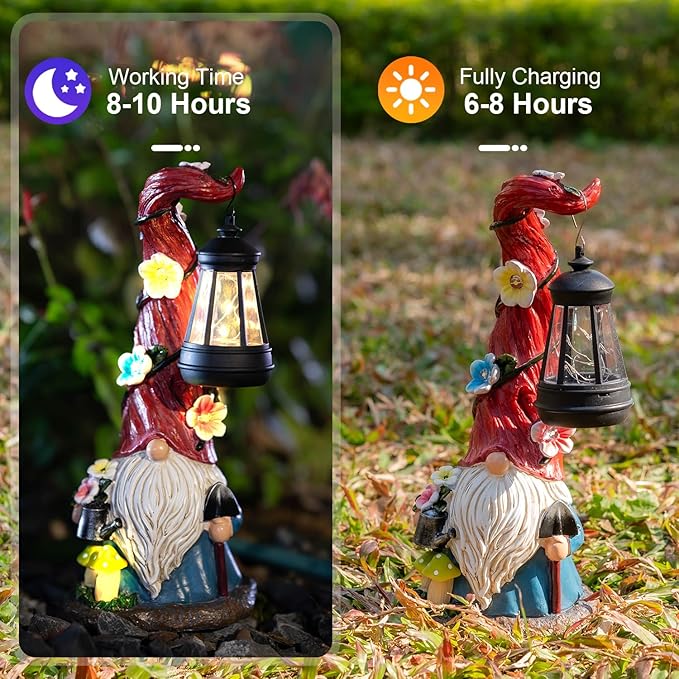 TIJNN Solar Garden Gnome Statue with Lantern, Dwarf Gardener Outdoor Decor for Patio, Yard, Porch Garden Gifts-Ruum Studio Home