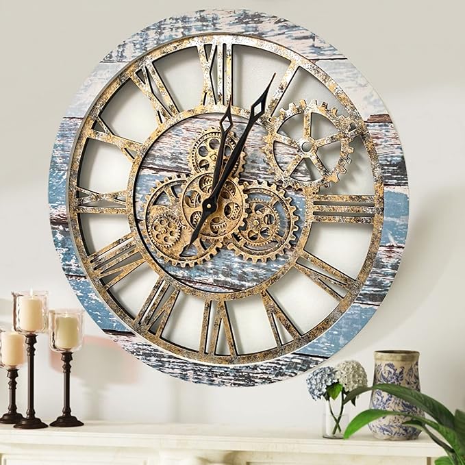 The Original Real Moving Gear Wall Clock Vintage Industrial Oversized Rustic Farmhouse (24 inch (60cm), Vintage Aqua Green and Bronze)-Ruum Studio Home