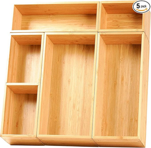 Umilife Drawer Organizer Storage Boxes, 2.5" High Bamboo Drawer Dividers, 5 Rearrangeable Bins for Kitchen, Office Desktop, Clothing, Makeup, vanity, Jewelry-Ruum Studio Home