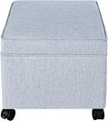Adeco 17.5" Square Fabric Ottoman with Storage, Upholstered Cotton Linen Foot Rest, Flip Top Footstool, Small Cube Coffee Table Extra Seat for Living Room, Bedroom, Ice Blue with Rolling Legs-Ruum Studio Home