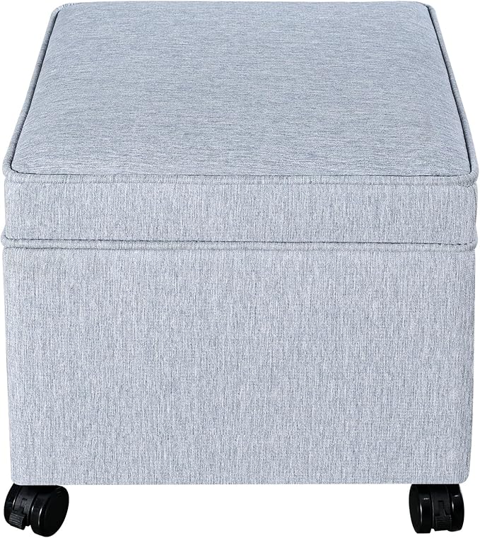 Adeco 17.5" Square Fabric Ottoman with Storage, Upholstered Cotton Linen Foot Rest, Flip Top Footstool, Small Cube Coffee Table Extra Seat for Living Room, Bedroom, Ice Blue with Rolling Legs-Ruum Studio Home
