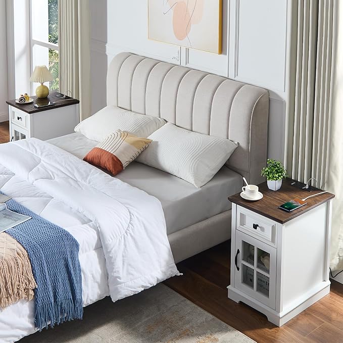 Farmhouse XXL End Table with Charging Station, Side Table with USB Ports and Outlets, Nightstand with Drawer and Glass Door Storage, White Bedside Tables for Living Room, Bedroom, Office-Ruum Studio Home