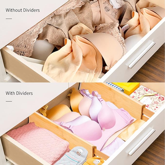 Utoplike Small Bamboo Kitchen Drawer Dividers(Fits 15"-17.7" Drawer Inner Size), 4 PCS Adjustable Drawer Organizers for Socks, Spring Loaded, Works in Drawer for Bedroom, Dresser-Ruum Studio Home