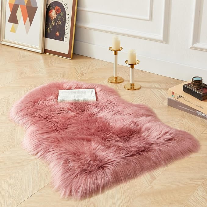 AMTOVO Faux Fur Rug, Blush Pink Small Area Rug, Fluffy Sheepskin Rug, Fuzzy Ultra Soft 2 x 3 ft Shag Rugs for Bedroom Sofa Throw Cushion Room Decor, Sheepskin-Ruum Studio Home