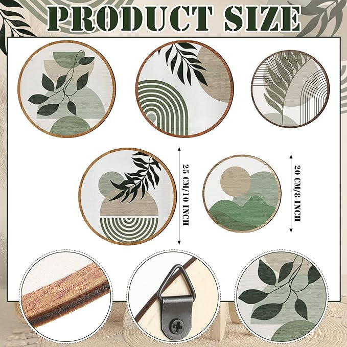 Qunclay 5 Pcs Wall Art Decor Wooden Living Room Wall Decor Bohemian Hanging Farmhouse Geometric 10'' and 8'' Aesthetic Wood Minimalist Posters for Bedroom(Greenery)-Ruum Studio Home