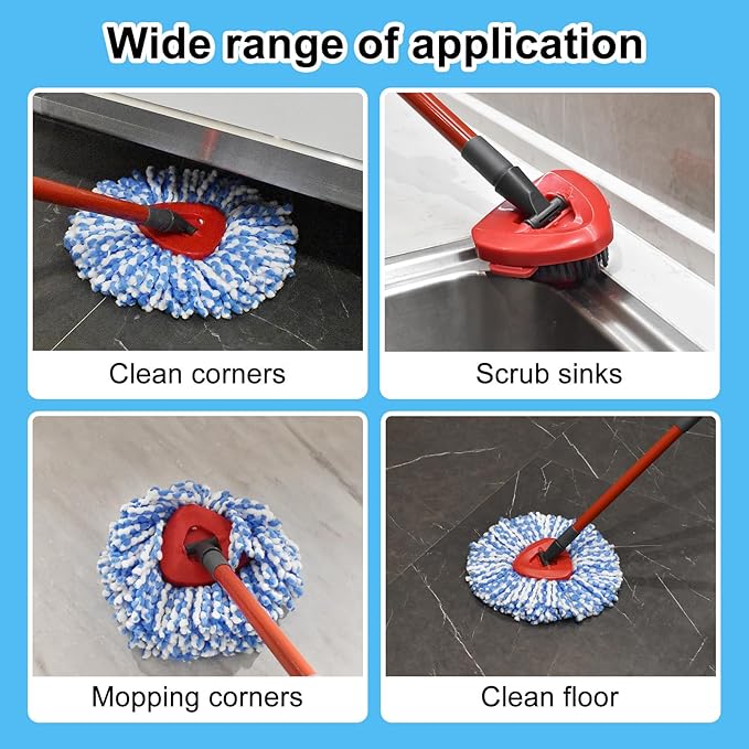 Spin Mop Head,Mop Handle,Base,Brush Compatible with Ocedar RinseClean 2 Tank Spin Mop System,2 Microfiber Spin Mops Replacement Head,4 Section Iron Mop Handle 30-58",Base and Scrub Brush Combo Set-Ruum Studio Home