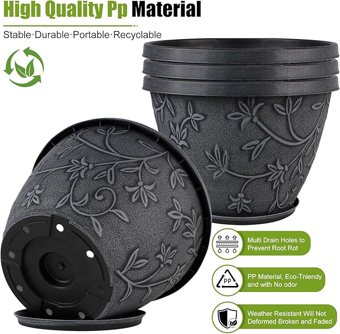 4 Pack 12 Inch Large Flower Pots for Outdoor Indoor, Plastic Plant Pots with Drainage Hole & Saucer, Modern Decorative Garden Pot, Imitation Magnolia Pots for Garden House Planters（Gray）-Ruum Studio Home