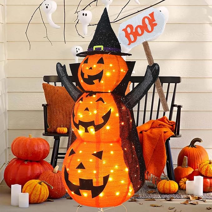 Halloween Decoration 4.3FT Retractable Jack-O-Lantern, 100 LED Collapsible Pumpkin Lantern with Black Star Hat, Plug in Halloween Lights with Stand for Indoor Outdoor Lawn Backyard Garden Decor-Ruum Studio Home