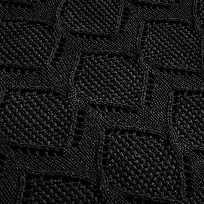 Longhui bedding Chunky Cotton Knit Throw Blanket for Couch, Sofa, Bed, or Chair, Decorative Breathable Fall Cable Knit Blanket 51 x 63 Inches, Medium Weight Black-Ruum Studio Home