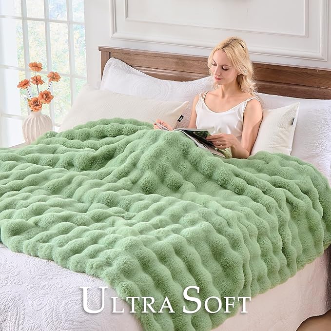 BENVWE Fluffy Faux Fur Throw Blanket for Couch, Soft Plush Thick Cozy Fuzzy Luxury Minky Bubble Blanket for Home Living Room Decor Gift for Women, Sage Green, 63" x 80", 1100GSM-Ruum Studio Home