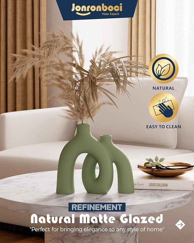 Hug Donut Decorative Vase Set - Sage Green Modern Nordic Boho Style Vases Home Decor,Matte Ceramic Decorations for Living Room Shelf, Bookshelf Mantle Entryway Table or Console Décor(Green)-Ruum Studio Home