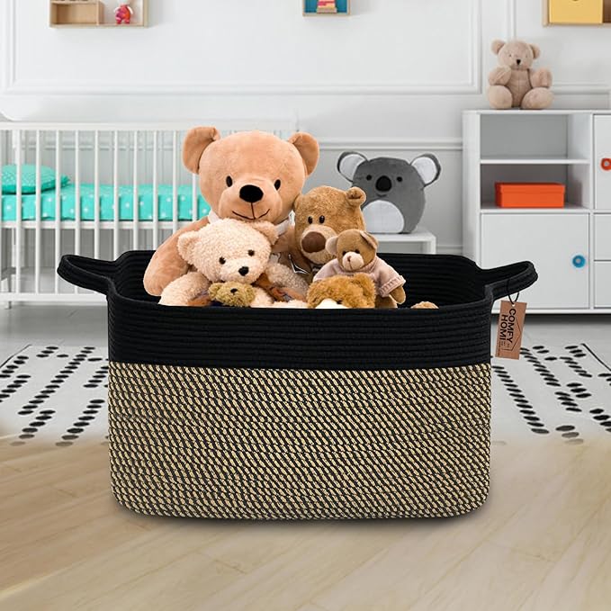 COMFY-HOMI Large Rectangular Blanket, Cotton Rope Woven for Storage, LaundryHamper, Storage,Toy Organizing Bin with Handle, Organizer and Storage-22x15x12-Black/Jute-Ruum Studio Home