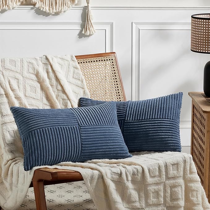 Fancy Homi 2 Packs Dusty Blue Lumbar Decorative Throw Pillow Covers 16x32 Inch for Couch Bed Sofa, Rustic Farmhouse Boho Home Decor, Soft Striped Corduroy Rectangle Accent Cushion Case 40x80 cm-Ruum Studio Home