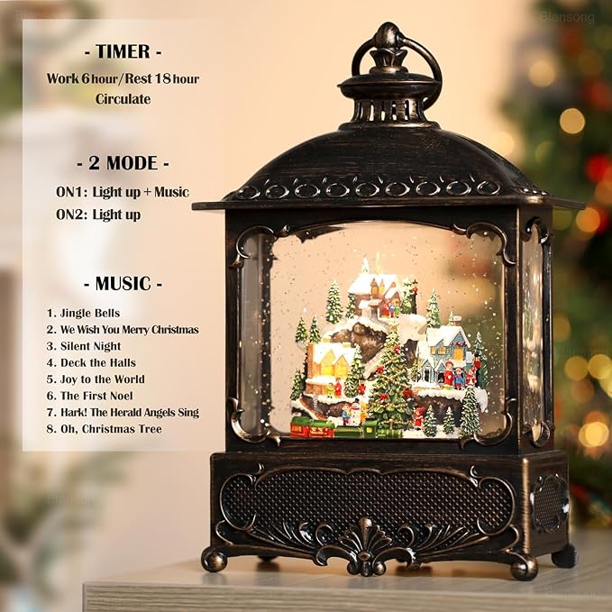 Village Snow Globe Christmas Decorations Gifts Auto Snowfall Glitter Music Collection Village Scene Train Tree Church Snowman with 6H Timer USB/Battery Powered 12 inch-Ruum Studio Home
