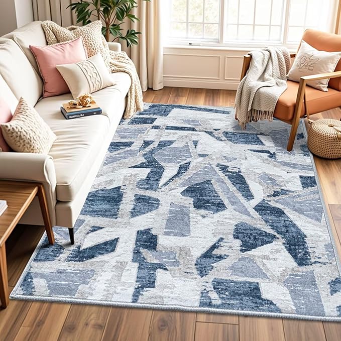 Modern Abstract Blue 5X7 Area Rug for Living Room Bedroom Washable, with Non-Slip Rubber Backing Print Faux Wool Thin, Throw Large Carpet for Kids Playroom Dining Room Pet & Child Friendly-Ruum Studio Home