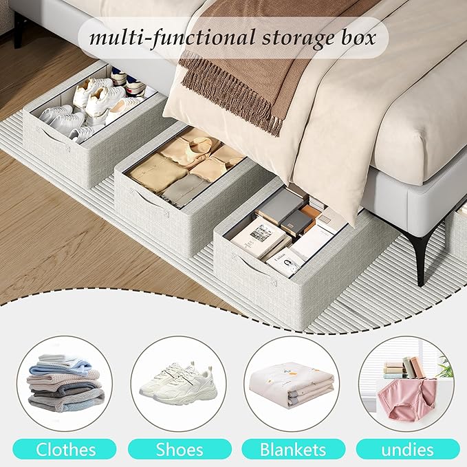 3PCS Under Bed Storage Bins with Metal Frame, Linen Fabric Frame Storage Box Clothes Organizer Bins, Underbed Container with Clear Window (Light Grey, 23.6 x 13 x 6IN)-Ruum Studio Home