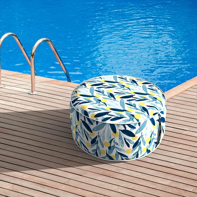 Inflatable Ottoman Stool D21 xH9 for Outdoor/Indoor Use, Water Repellent Patio Foot Rest Stool with Portable Handle,Round Pouf Ottoman Suitable for Garden,Deck and Camping - Leaves Multi-Ruum Studio Home