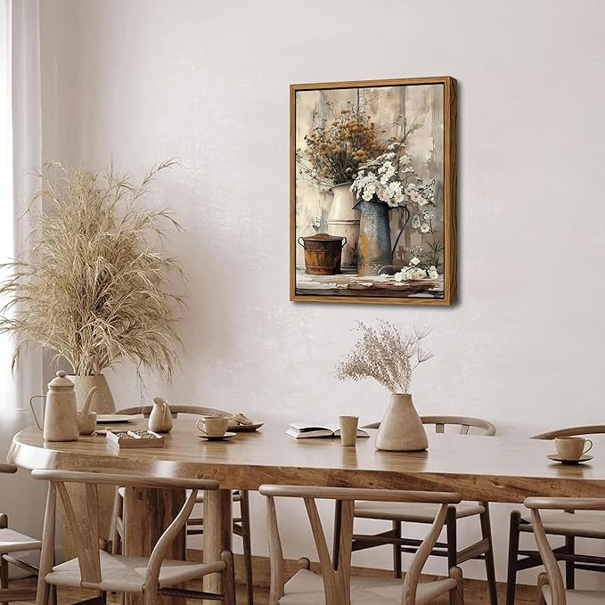 Floating Framed Farmhouse Vintage Canvas Wall Art, Country Floral Daisy Pictures Wall Decor, Wood Grain Art Paintings Poster for Living Room Bedroom Bathroom Rustic Decor 16x24 inch-Ruum Studio Home