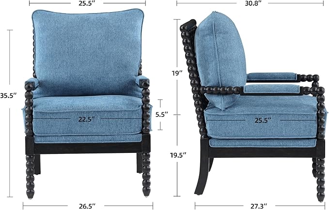 DUHOME Linen Fabric Spindle Accent Chair with Wood Frame,Modern Accent Spool Chairs with Padded Spring Seat and Brushed Blue Base for Living Room Bedroom Farmhouse Home Office Belcony-Ruum Studio Home