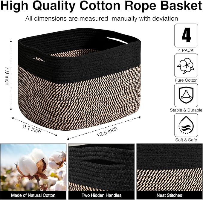 Storage Baskets for Shelves Organizing, Woven Cotton Rope Baskets for Storage, Book Basket, Decorative Shelf Basket, 12.5"Lx9.1''Wx7.9''H (4 Packs) Black & Jute-Ruum Studio Home