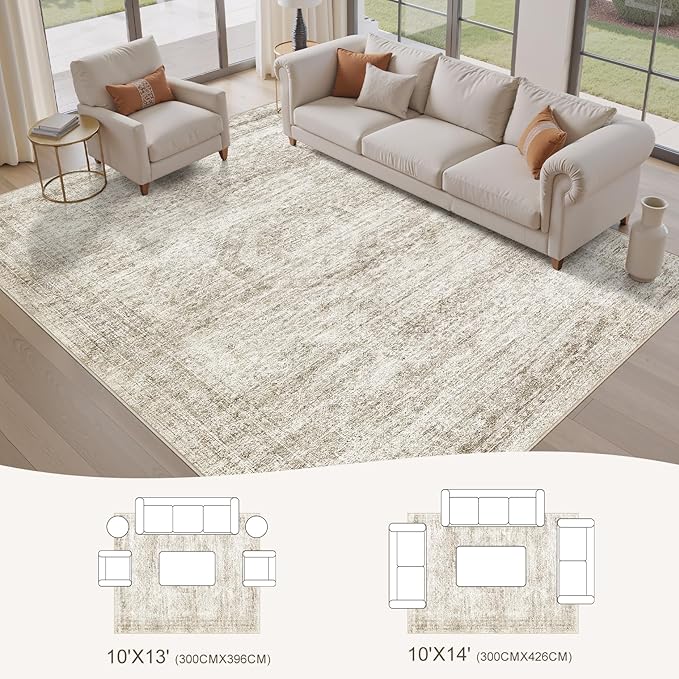 Washable Area Rugs for Living Room -10x13 Neutral Vintage Distressed Floral Farmhouse Boho Large Soft Floor Rug Indoor Non Slip Carpet for Living Room Bedroom Dining Room Office-Beige-Ruum Studio Home