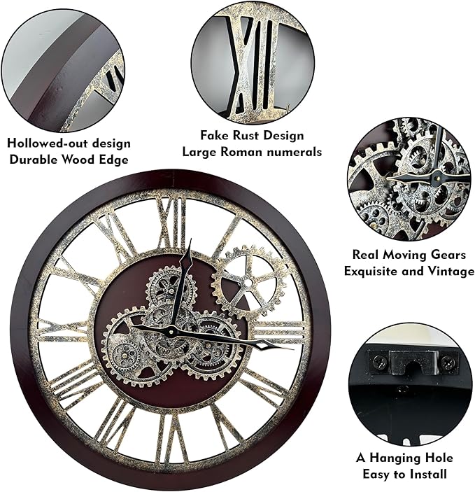 The B-Style Large Wall Clock 24 inch Moving Gear Wall Clock Oversized Vintage Farmhouse Wall Clocks for Living Room Decor Rustic Industrial Wood Clock (Cherry red and Bronze)-Ruum Studio Home