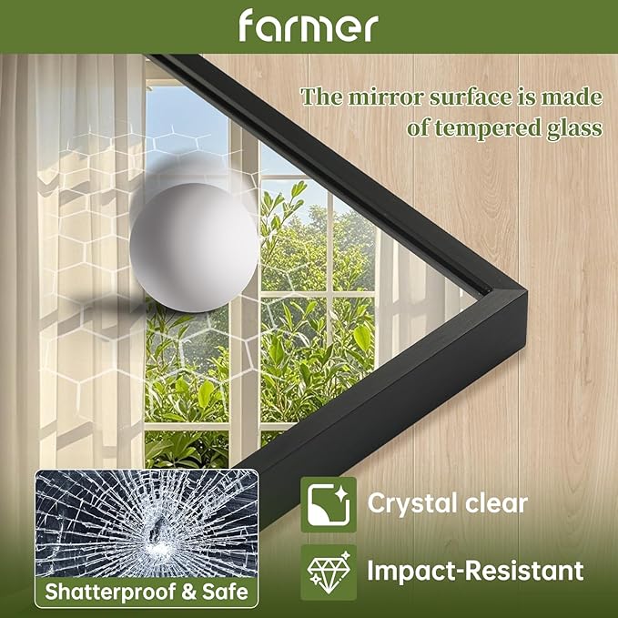 FARMER 20x30 Inch Black Bathroom Mirror, Rectangle Wall Mounted Mirror, Vanity Mirror, Brushed Square Mirror, Framed Bathroom Mirror for Bedrooms, Entryways, Living Rooms, Horizontal/Vertical-Ruum Studio Home
