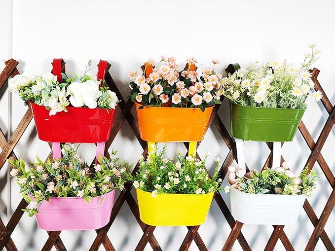 6 Pcs Railing Planter, 10" Metal Hanging Flower Pots for Outdoor Balcony Rails, Fence Pot Hanging Plant Holders with Detachable Hooks for Garden Patio Yard Decor (Multi-Color, 6Pcs)-Ruum Studio Home