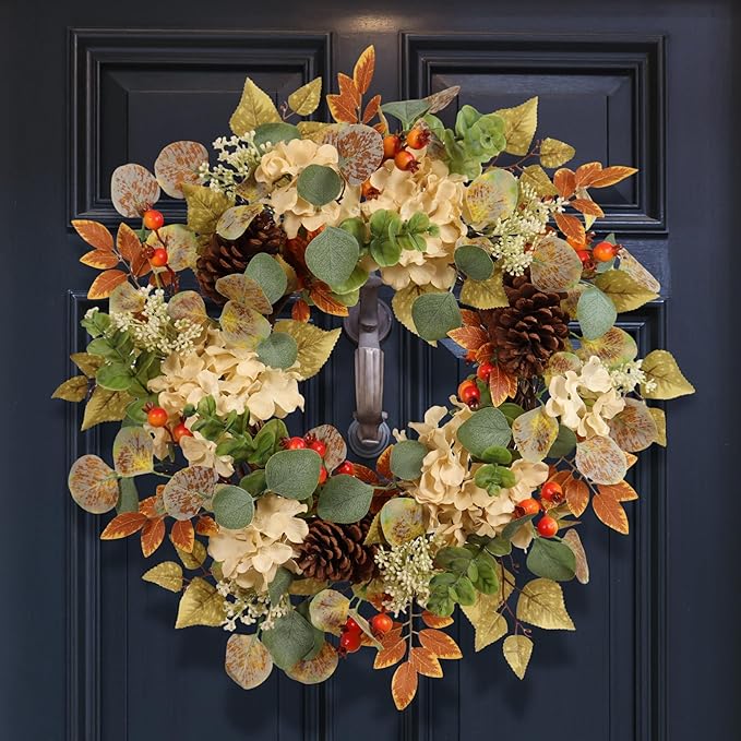 22 in Fall Hydrangea Wreath with Eucalyptus, Pinecones Orange Berries Perfect Autumn Door Wreath for Thanksgiving Harvest Decor - Rustic, Lifelike Durable for Indoor Outdoor Use-Ruum Studio Home