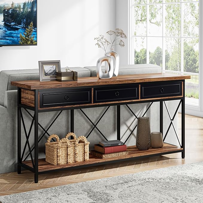 Tribesigns 70.8" Console Table with 3 Drawers, Farmhouse Entryway Table with Storage Shelf, Narrow Long Sofa Foyer Table for Entryway, Hallway (Brown/Black)-Ruum Studio Home