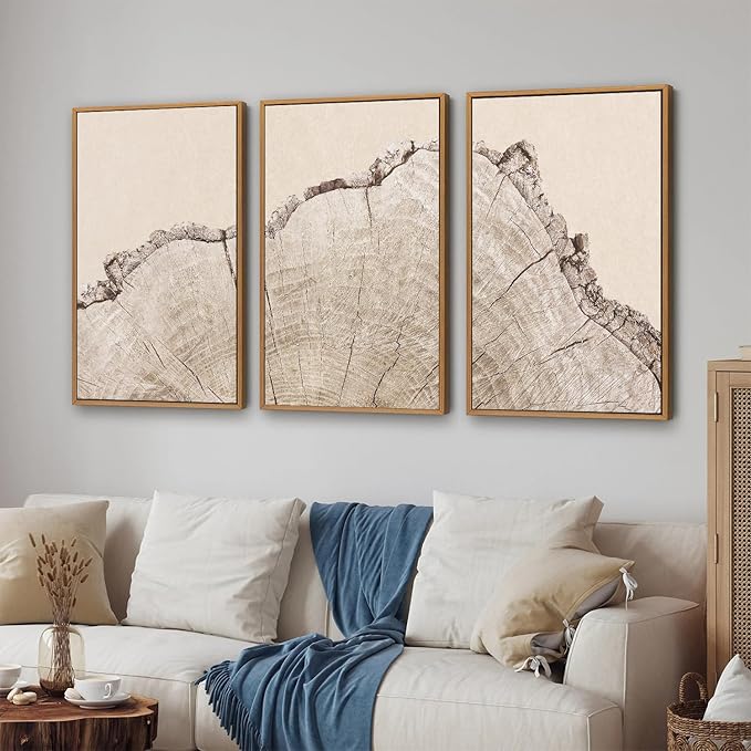 SIGNINART Large Tree Ring Framed Canvas Wall Art Set, Rustic Beige Wooden Wall Decor, Neutral Nature Wood Stump Artwork, Modern Art Prints for Bedroom Living Room Office 24"x36"x3-Ruum Studio Home