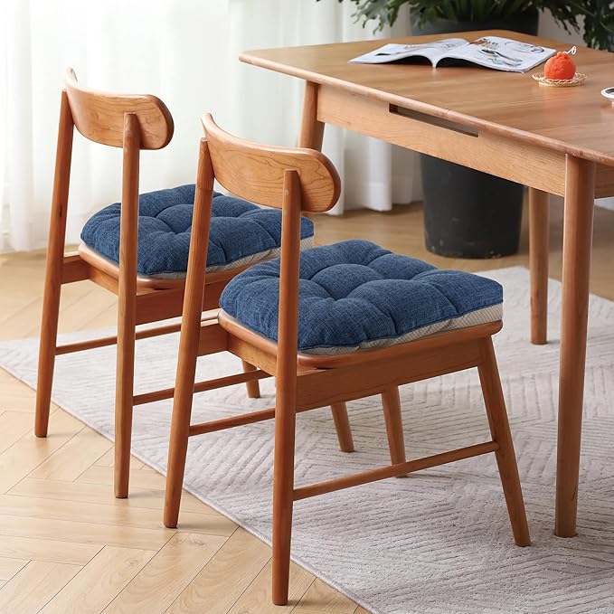 Non Slip Chair Cushions for Dining Chairs Set of 4 Kitchen Chair Cushions 18"x18"x3" Turfted Chair Pads Comfortable and Soft Seat Cushion with Ties, Royal Blue-Ruum Studio Home