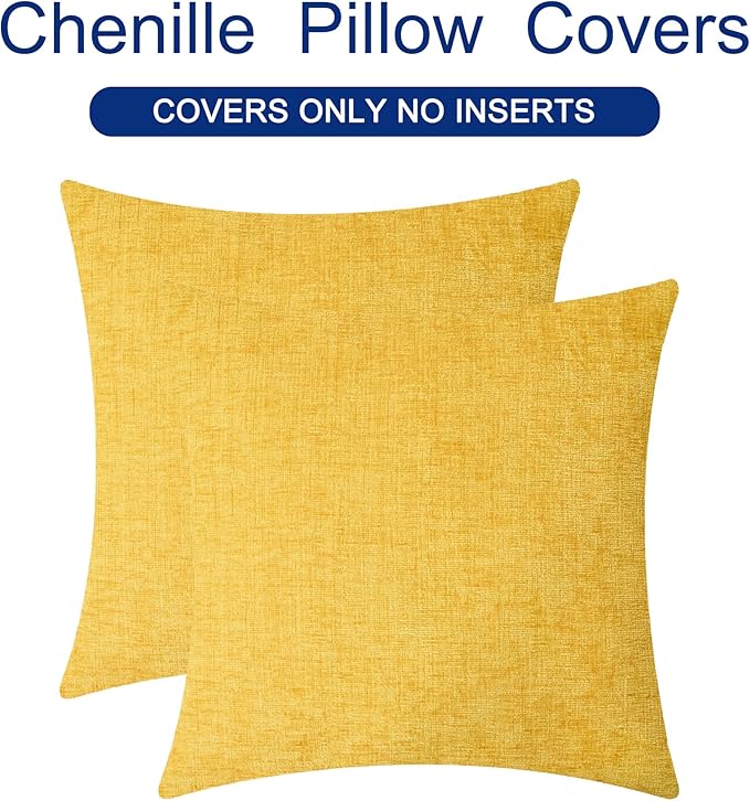 CaliTime Throw Pillow Covers Decorative 22 X 22 Inches Pack of 2 Cozy Chenille Cushion Cases for Couch Sofa Bed Living Room Home Mustard Yellow-Ruum Studio Home
