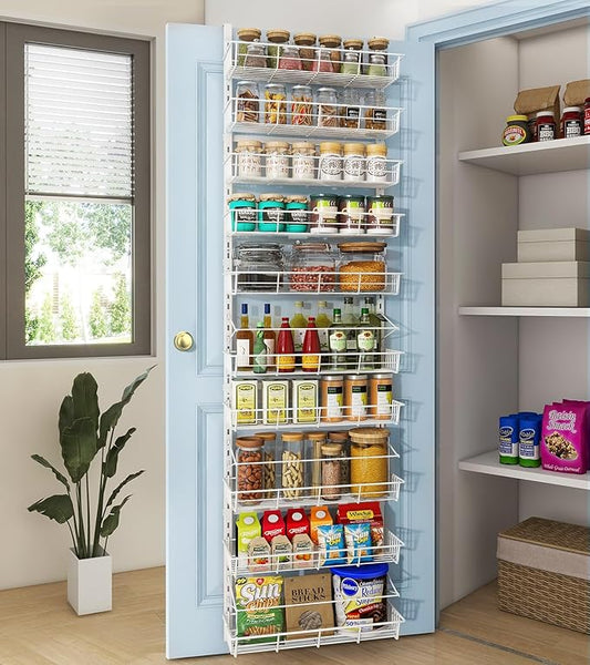 White 10-Tier Over The Door Pantry Organizer, Pantry Organization and Storage, Metal Hanging Adjustable Basket, Wall Spice Rack Seasoning Shelves, Home & Kitchen Essentials-Ruum Studio Home