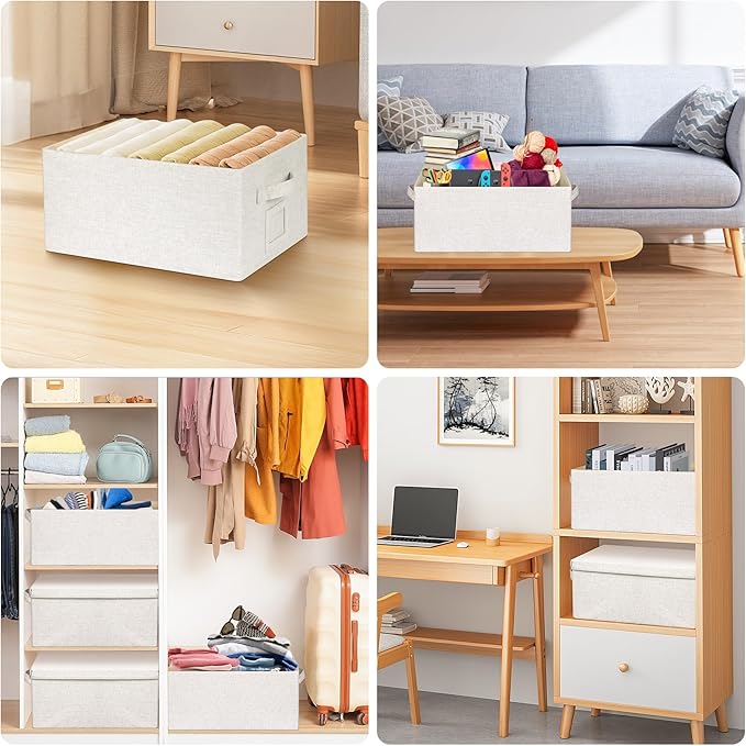 Large 17''x12'' Quart Collapsible Stackable Storage Bins with Lids, 4 Packs Off White Fabric Closet Boxes with Lids, Storage Cube Baskets Container Organizers for Bedroom Office(17''x12.2x''8'')-Ruum Studio Home